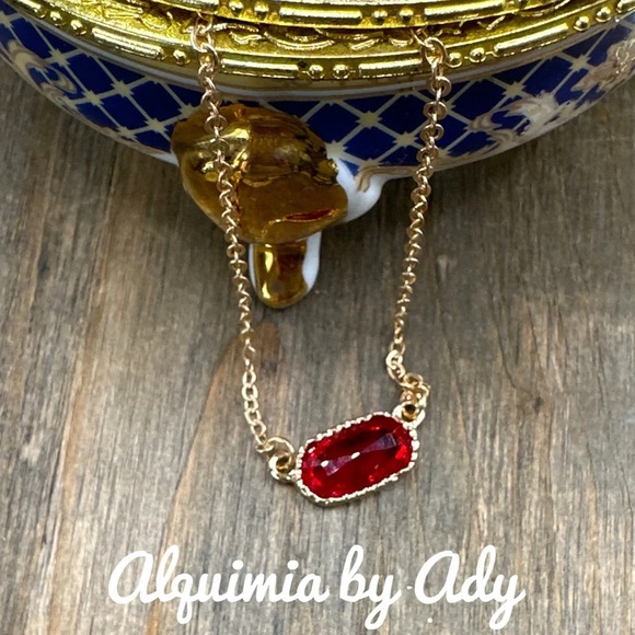 Gold dainty ruby red crystal jewel tone charm minimalist necklace - Picture 1 of 7